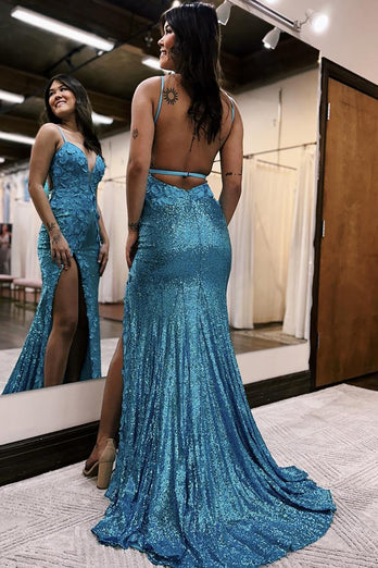 Turquoise Spaghetti Straps Sparkly Long Prom Dress with Slit