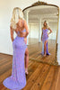 Load image into Gallery viewer, Sparkly Purple Mermaid Spaghetti Straps Sequins Prom Dress with Slit