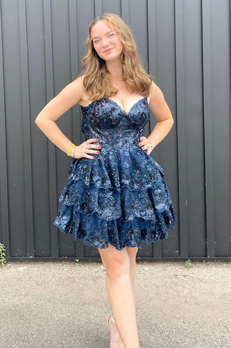 Sparkly Navy Spaghetti Straps Sequins Short Homecoming Dress