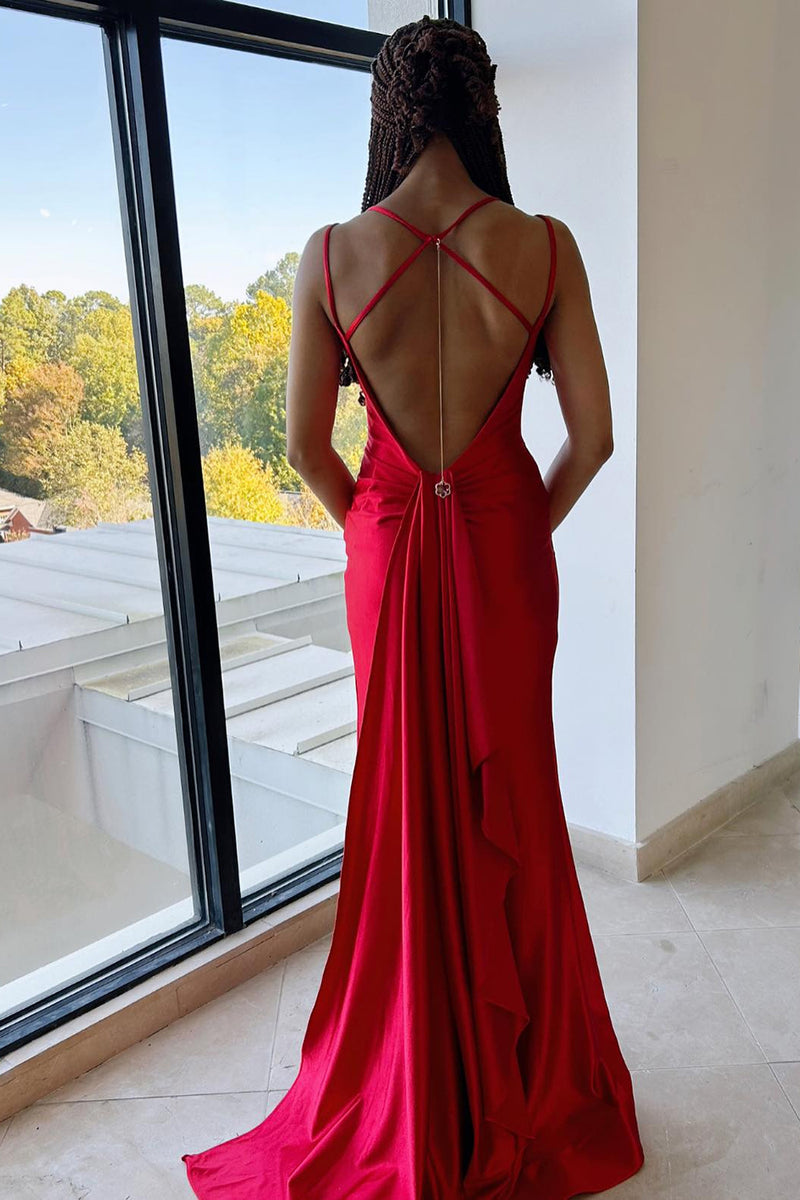 Load image into Gallery viewer, Red Mermaid Spaghetti Straps Long Corset Prom Dress With Slit