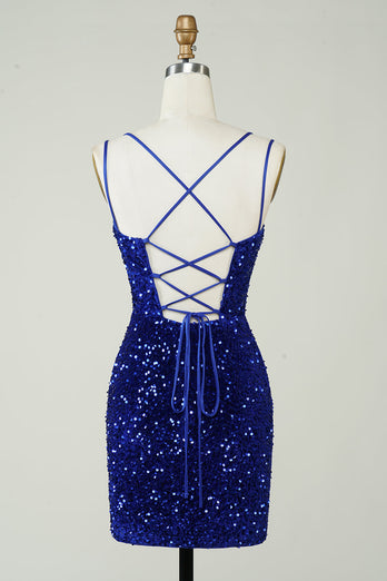 Royal Blue V-Neck Sequined Homecoming Dress with Criss Cross Back