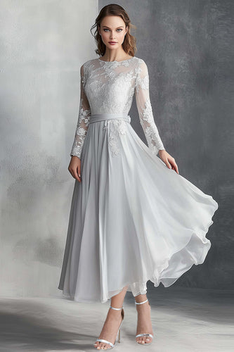 Floral Light Grey Asymmetrical Chiffon Mother of the Bride Dress with Long Sleeves