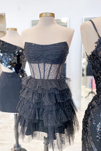 Glitter Black A-Line Corset Tiered Tulle Homecoming Dress