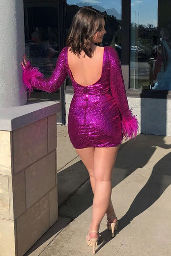 Sparkly Fuchsia Sequined Long Sleeves Homecoming Dress with Feathers