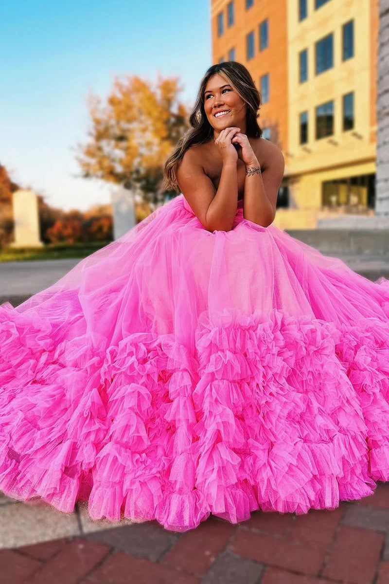 Load image into Gallery viewer, Hot Pink Corset Sweetheart A-Line Long Prom Dress with Ruffles