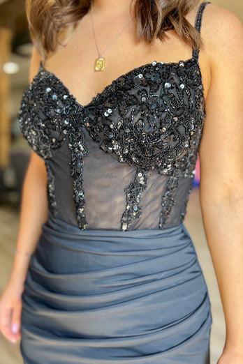 Glitter Black Spaghetti Straps Bodycon Corset Homecoming Dress with Sequins