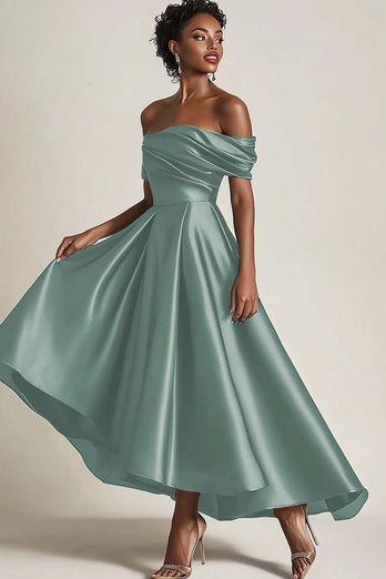 Olive Off the Shoulder Asymmetrical Satin Mother of the Bride Dress