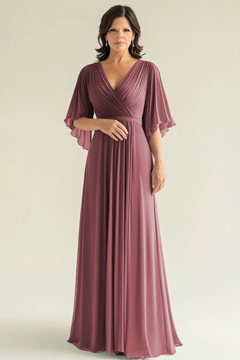 Agave V-Neck A Line Pleated Mother of the Bride Dress