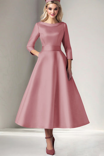 Pink Satin Tea Length Princess Mother of the Bride Dress