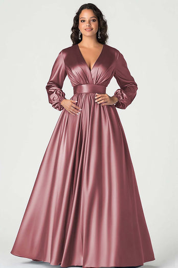 Grey Satin V-Neck Mother of the Bride Dress with Long Sleeves