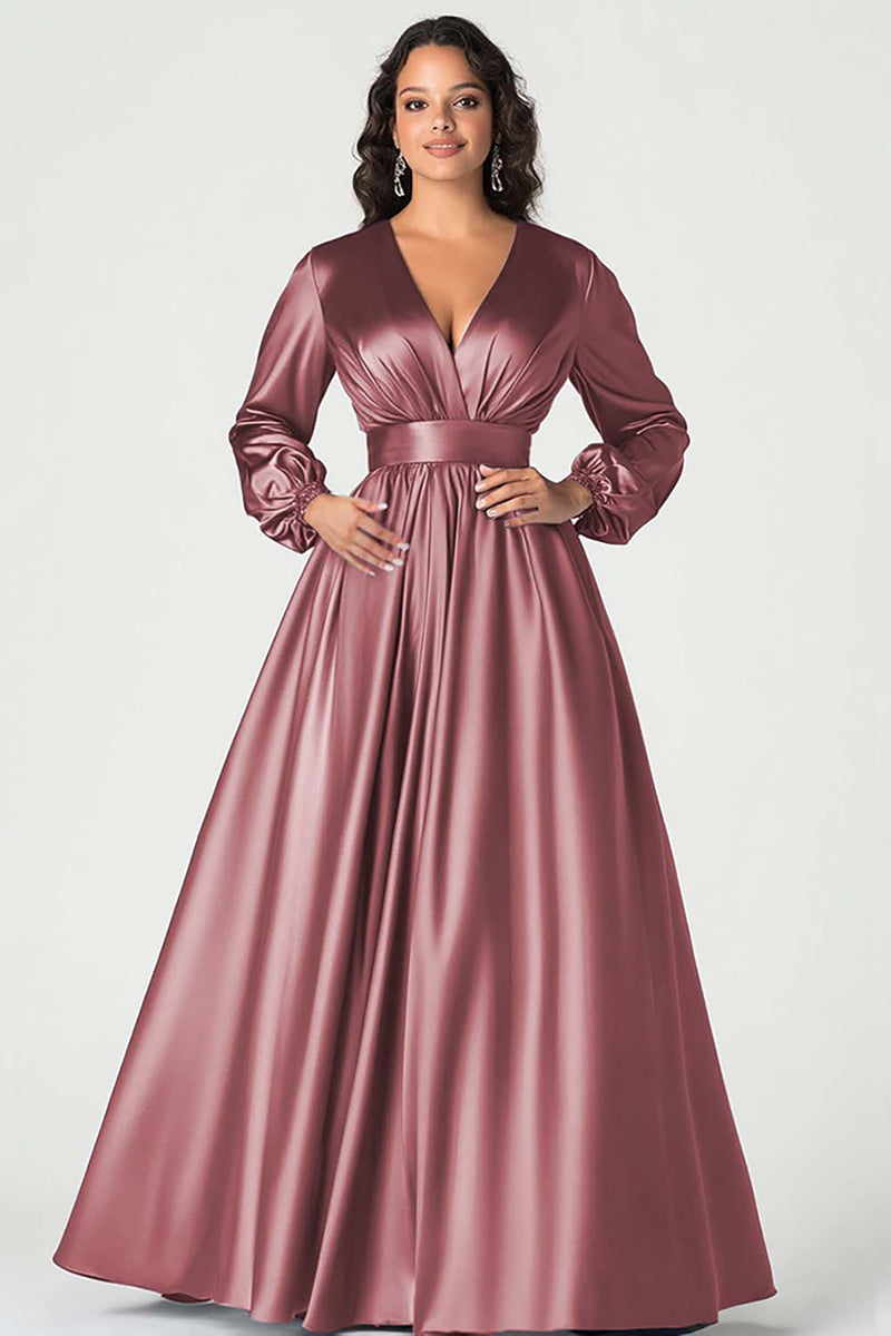 Load image into Gallery viewer, Grey Satin V-Neck Mother of the Bride Dress with Long Sleeves