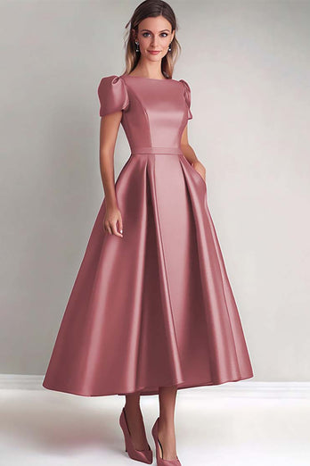 Fuchsia A Line Puff Sleeves Satin Mother of the Bride Dress