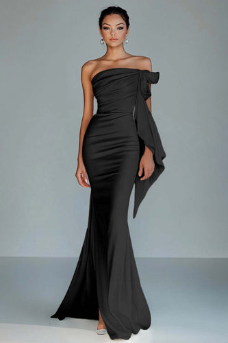 Queendancer Women Black Satin Formal Dress with Slit Sheath Strapless Ruched Long Evening Dress