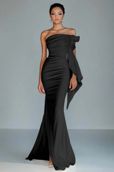 Black Strapless Sheath Satin Long Formal Dress with Slit