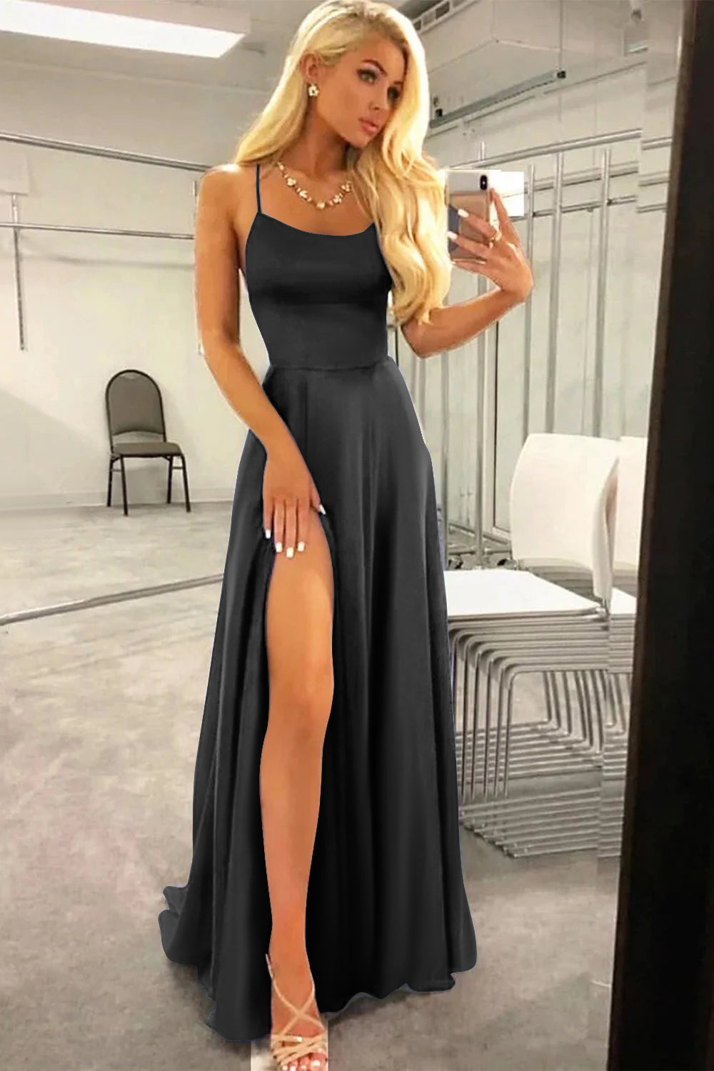 Black Halter Backless A Line Prom Dress