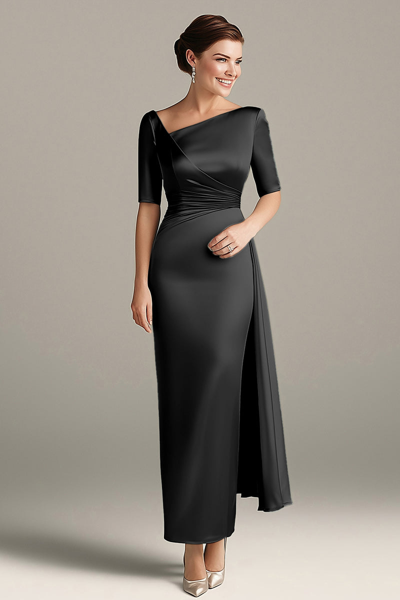 Load image into Gallery viewer, Asymmetrical Black Ruched Satin Mother of the Bride Dress