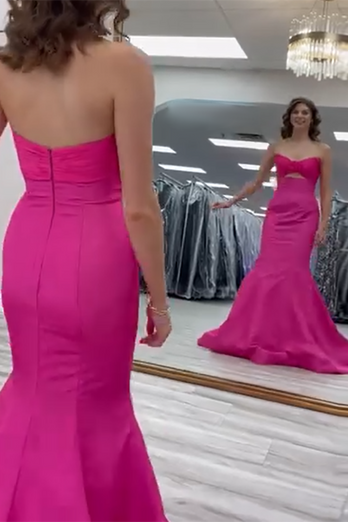 Fuchsia Mermaid Strapless Satin Long Prom Dress