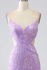 Load image into Gallery viewer, Sparkly Purple Mermaid Spaghetti Straps Sequins Prom Dress with Slit