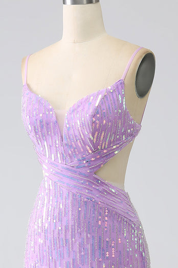 Sparkly Purple Mermaid Spaghetti Straps Sequins Prom Dress with Slit