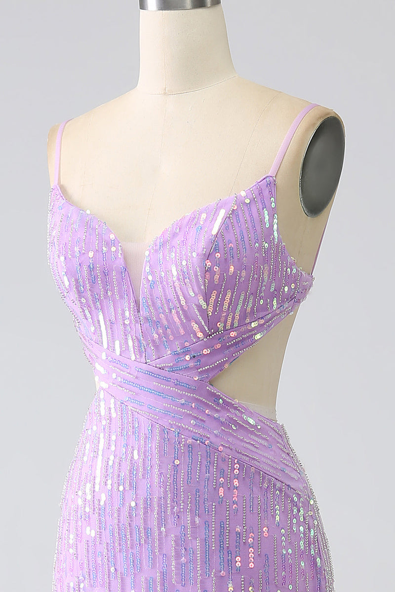 Load image into Gallery viewer, Sparkly Purple Mermaid Spaghetti Straps Sequins Prom Dress with Slit