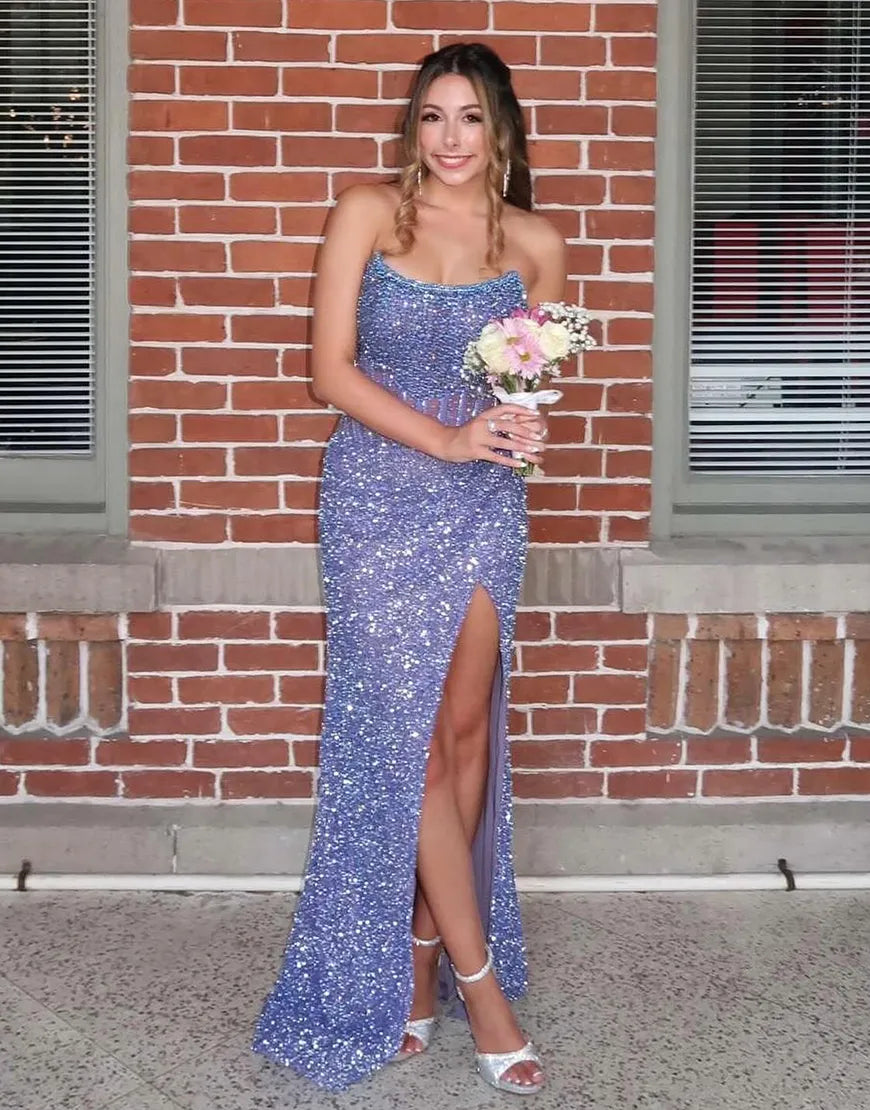 Load image into Gallery viewer, Sparkly Mermaid Royal Blue Strapless Long Prom Dress with Slit