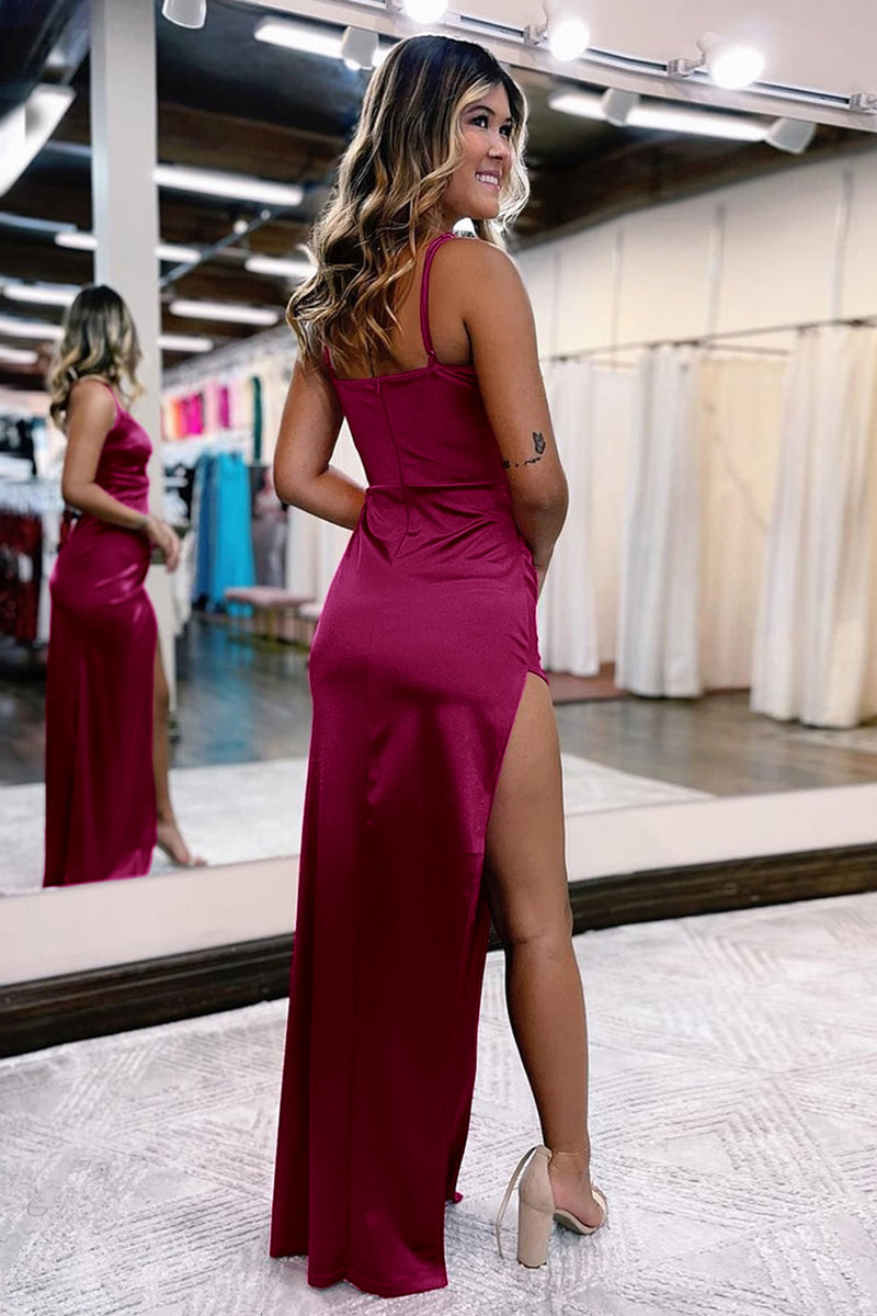 Load image into Gallery viewer, Hot Pink Satin V-Neck Simple Prom Dress with Slit