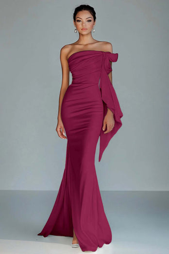 Queendancer Women Burgundy Satin Formal Dress with Slit Sheath Strapless Ruched Long Evening Dress