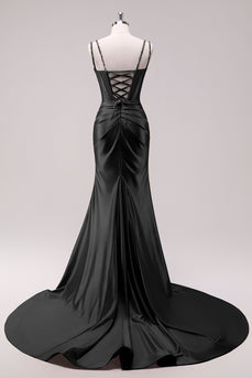 Sparkly Black Corset Spaghetti Straps Prom Dress with Slit