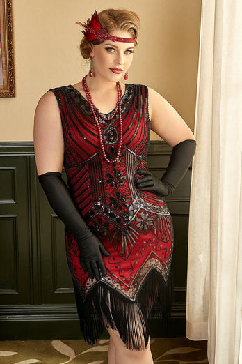 Black 1920s Plus Size Beaded Sequins Flapper Dress