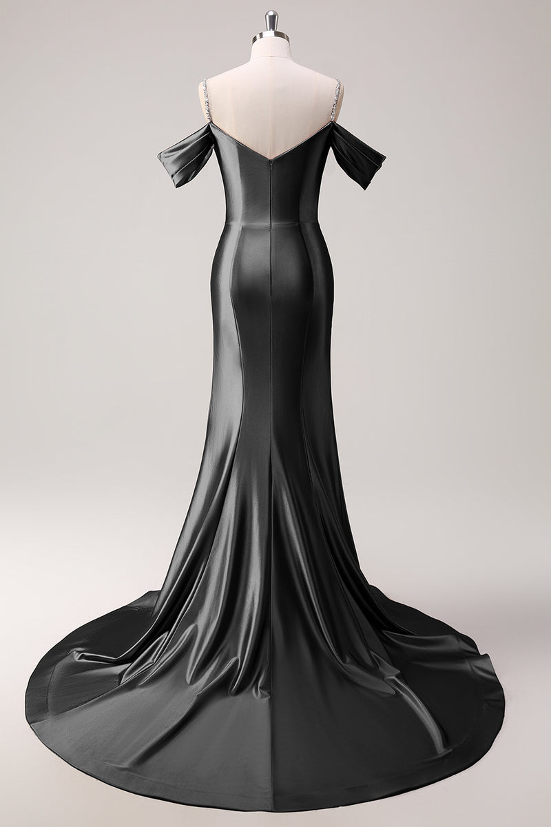 Load image into Gallery viewer, Sparkly Black Off The Shoulder Mermaid Long Satin Prom Dress