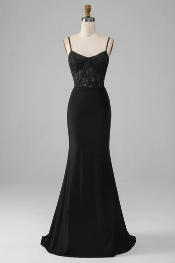 Black Mermaid Spaghetti Straps Long Prom Dress With Embroidery