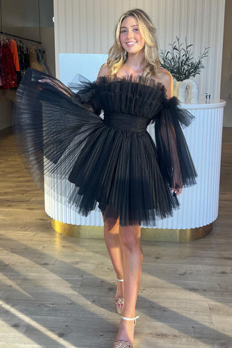 Black A-Line Off The Shoulder Homecoming Dress with Detachable Long Sleeves