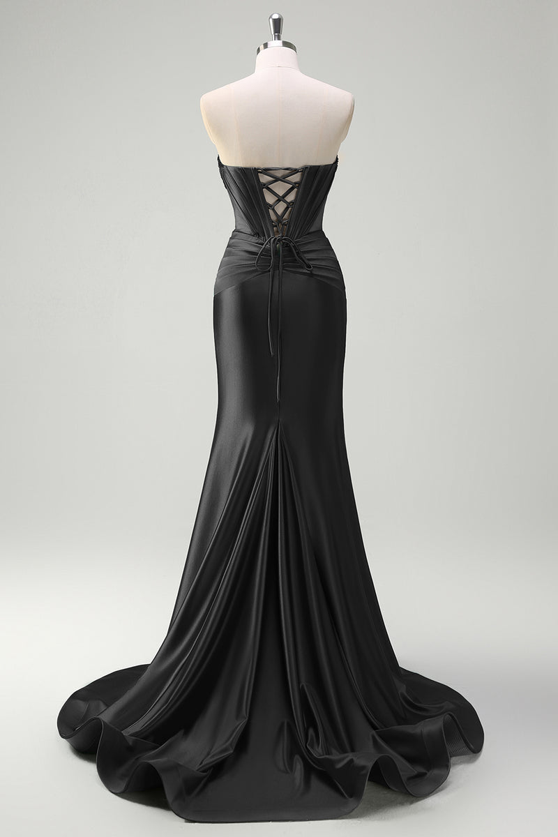 Load image into Gallery viewer, Sparkly Dark Green Corset Beaded Long Satin Prom Dress with Slit