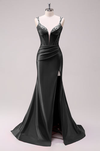 Sparkly Black Corset Spaghetti Straps Prom Dress with Slit