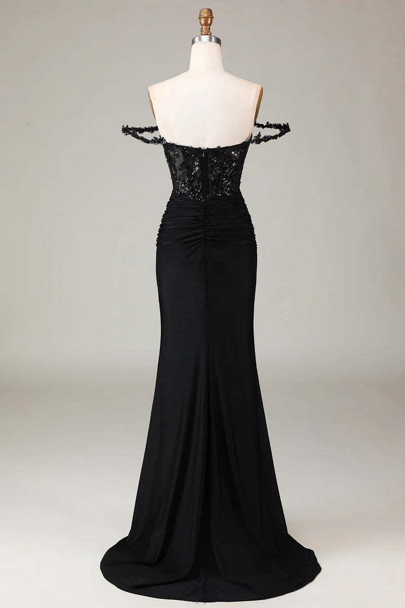 Load image into Gallery viewer, Black Mermaid Corset Long Appliqued Prom Dress