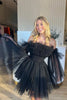Load image into Gallery viewer, Black A-Line Off The Shoulder Homecoming Dress with Detachable Long Sleeves