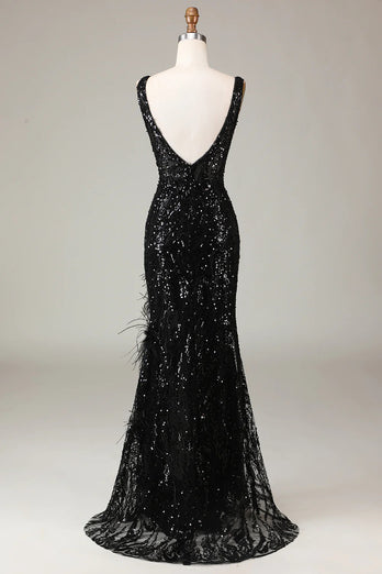 Black Mermaid Sequins Long Feathered Prom Dress