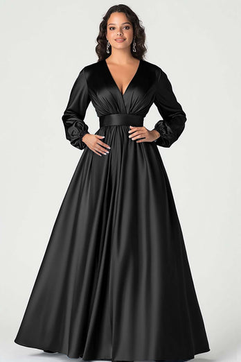 Grey Satin V-Neck Mother of the Bride Dress with Long Sleeves