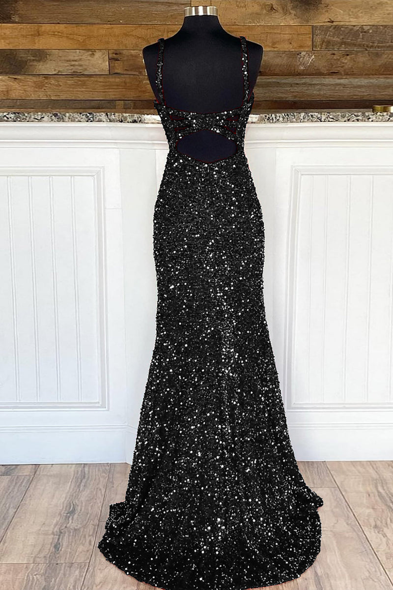 Load image into Gallery viewer, Sheath Spaghetti Straps Dark Green Sequins Prom Dress with Split Front