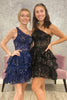 Load image into Gallery viewer, Sparkly Dark Blue One Shoulder Tiered Homecoming Dress with Lace