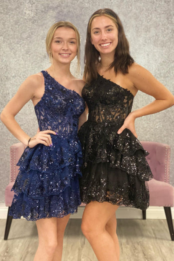 Sparkly Dark Blue One Shoulder Tiered Homecoming Dress with Lace