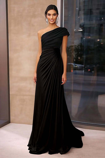 Black Brown Sheath One Shoulder Floor Length Gala Dress