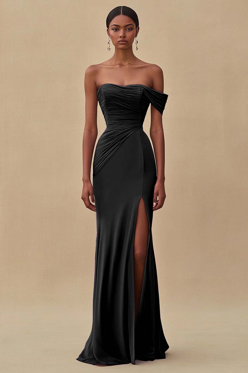 Load image into Gallery viewer, Purple Chiffon Off the Shoulder Ruched Long Formal Dress with Slit