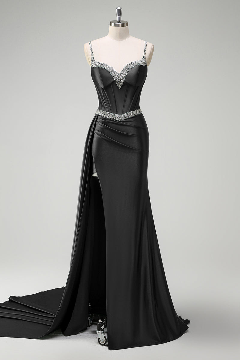 Load image into Gallery viewer, Sparkly Dark Green Sequined Corset Long Satin Prom Dress