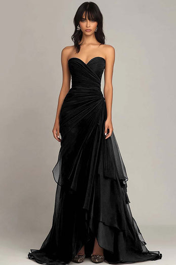 Dark Brown Sweetheart Sheath Chiffon Tiered Long Formal Dress