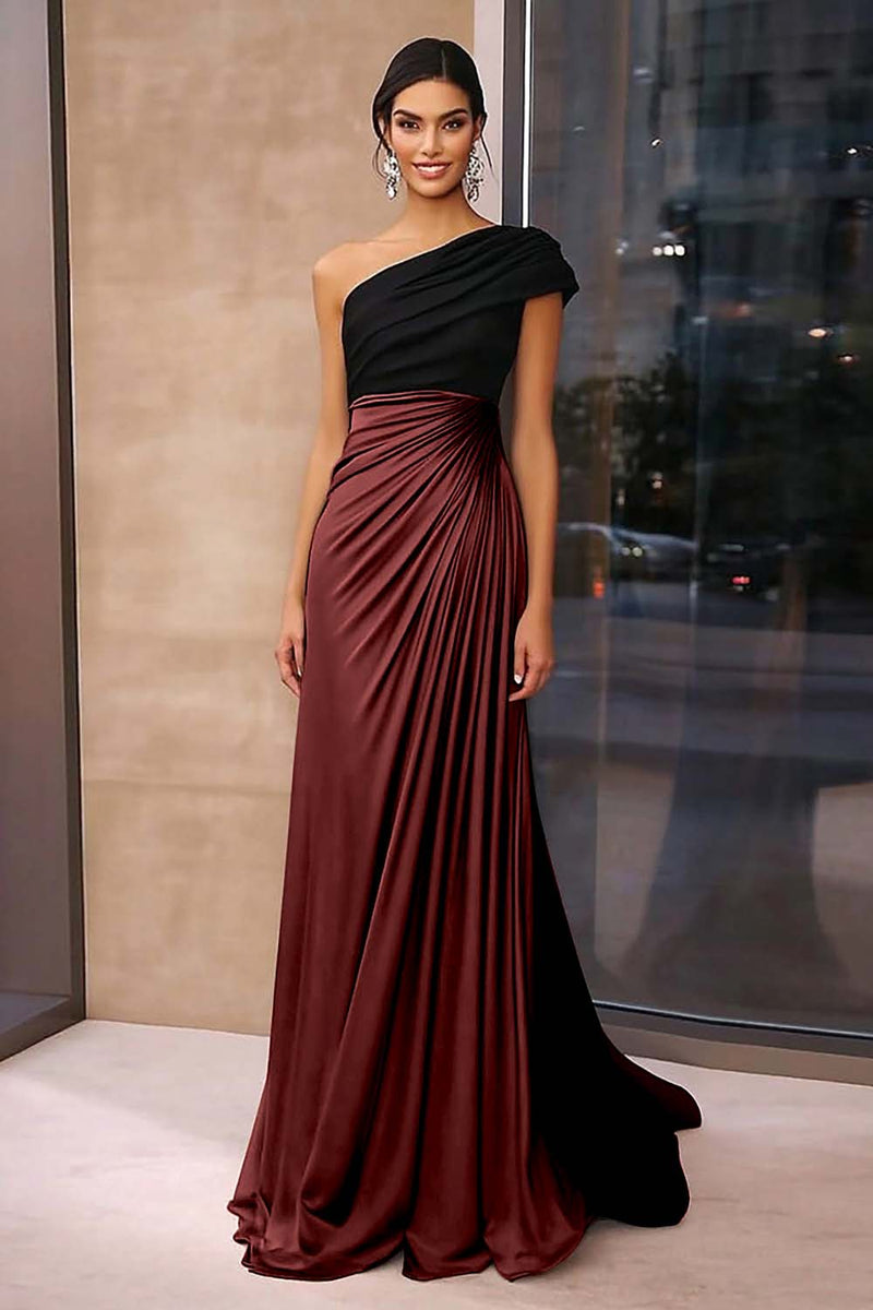 Load image into Gallery viewer, Black Brown Sheath One Shoulder Floor Length Gala Dress