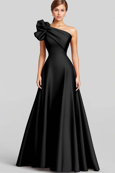 Black A Line One Shoulder Satin Long Formal Dress