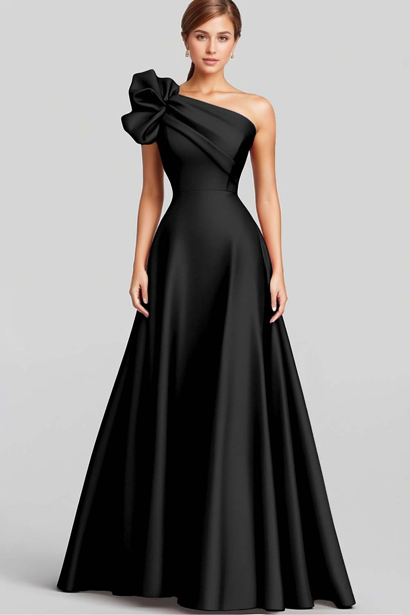 Load image into Gallery viewer, Black A Line One Shoulder Satin Long Formal Dress