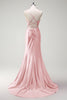 Load image into Gallery viewer, Sparkly Fuchsia Mermaid Corset Beaded Long Prom Dress with Slit