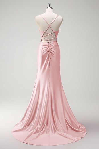 Sparkly Fuchsia Mermaid Corset Beaded Long Prom Dress with Slit